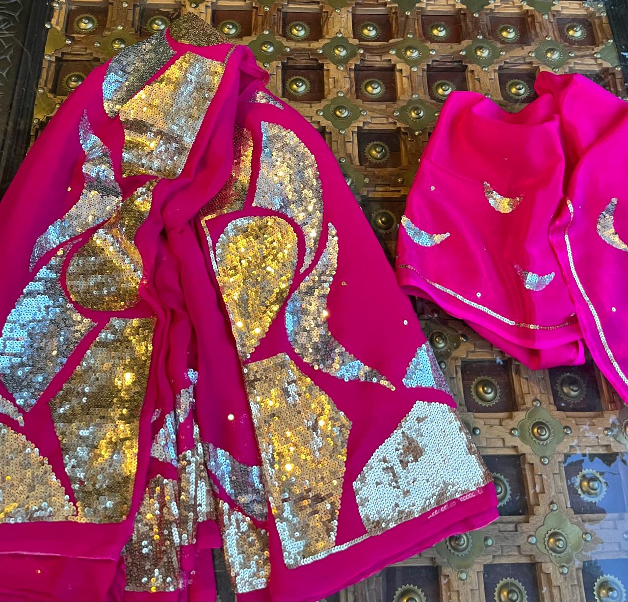 Magenta Golden & Silver Sequence Jaal Saree