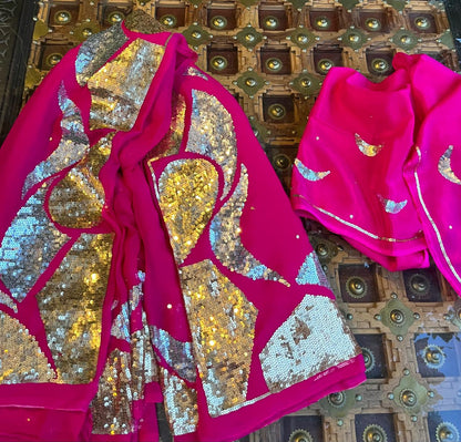 Magenta Golden & Silver Sequence Jaal Saree