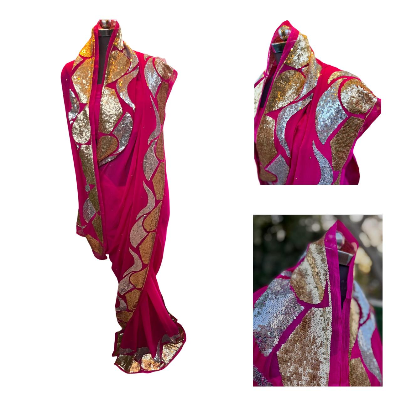 Magenta Golden & Silver Sequence Jaal Saree