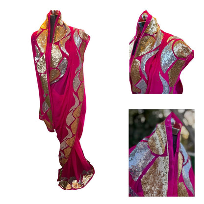 Magenta Golden & Silver Sequence Jaal Saree