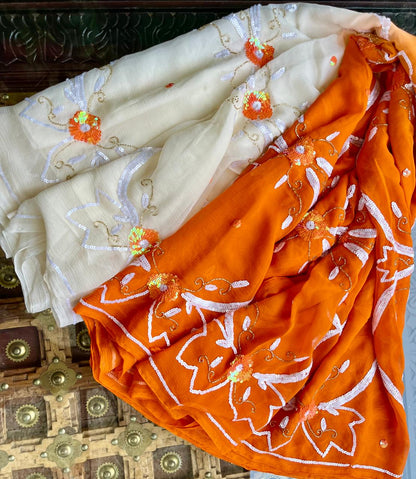 Ombre Orange Shaded Sequence Jaal Saree