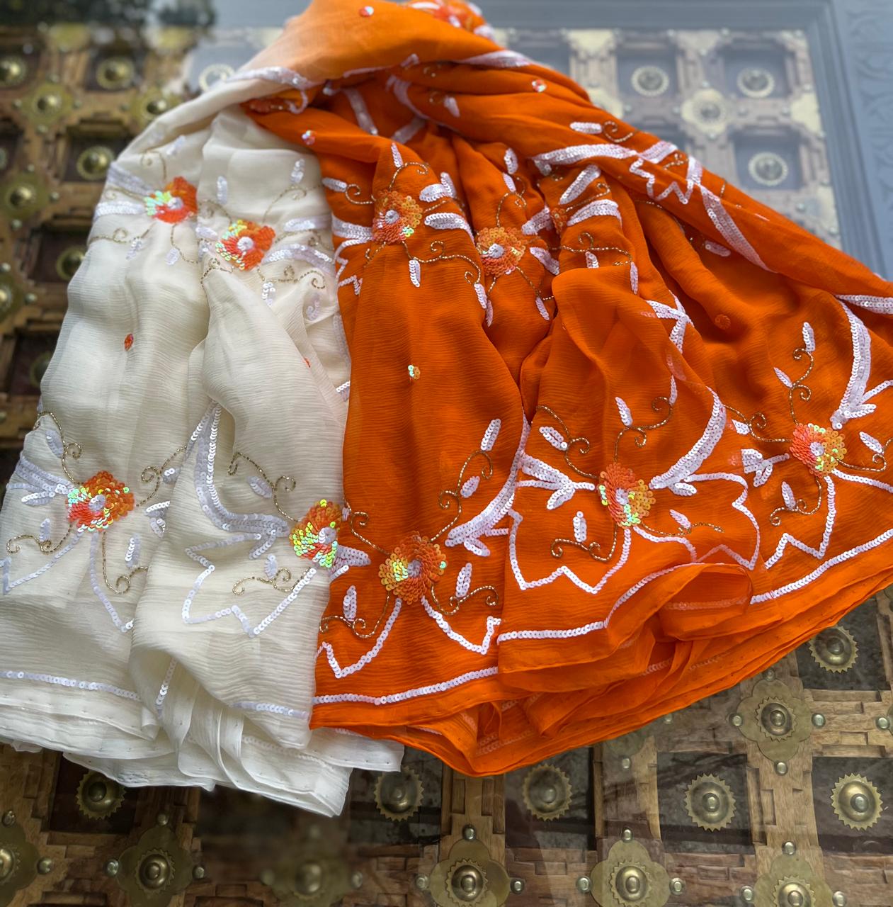 Ombre Orange Shaded Sequence Jaal Saree
