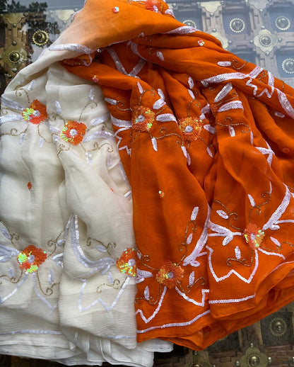 Ombre Orange Shaded Sequence Jaal Saree
