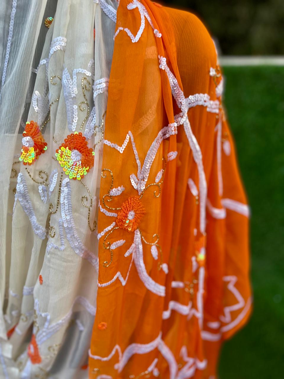 Ombre Orange Shaded Sequence Jaal Saree