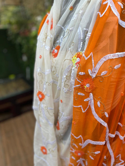 Ombre Orange Shaded Sequence Jaal Saree