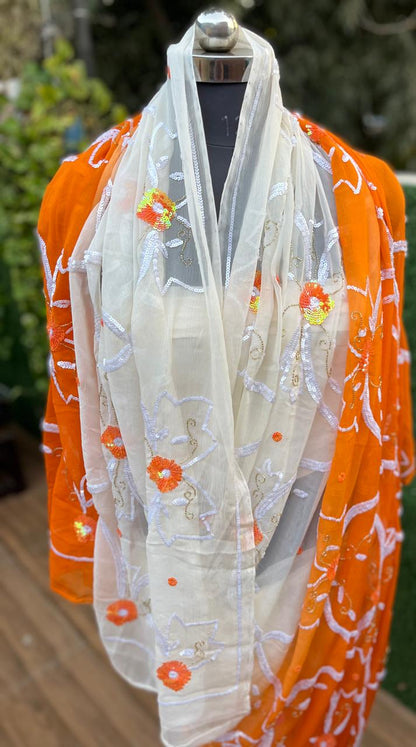 Ombre Orange Shaded Sequence Jaal Saree