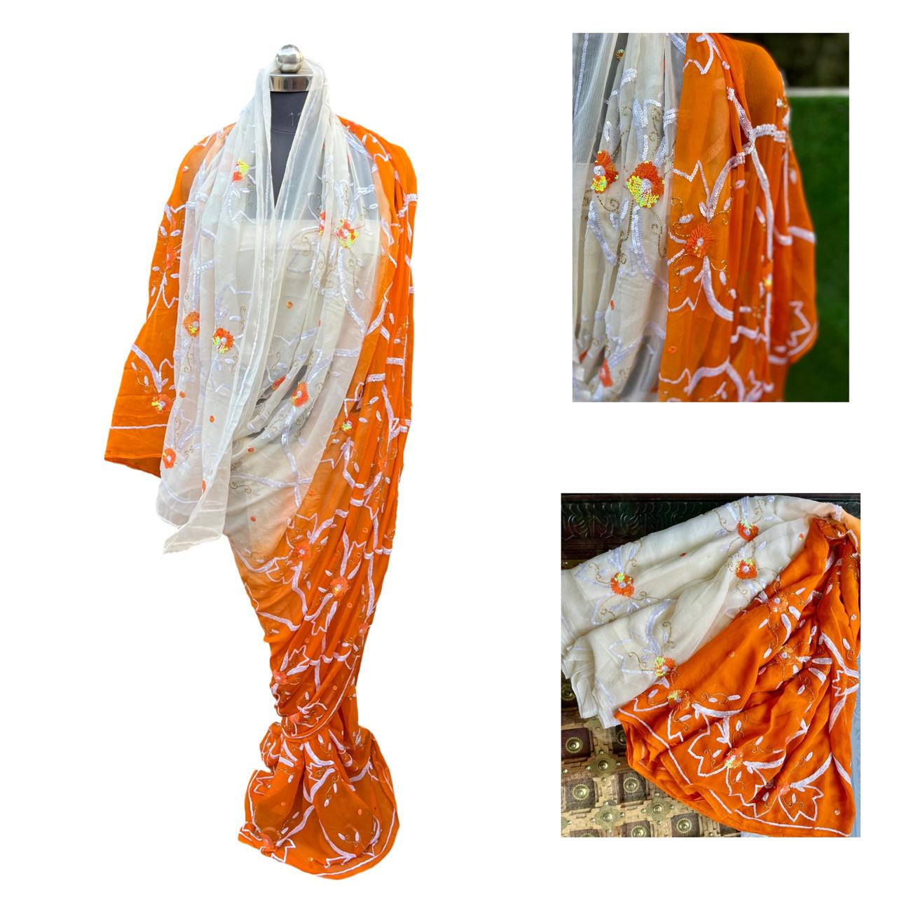 Ombre Orange Shaded Sequence Jaal Saree