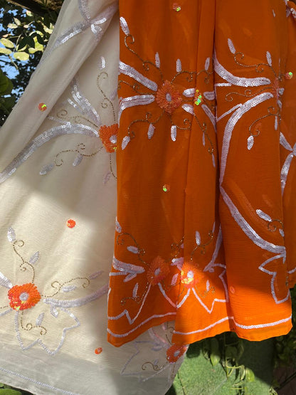 Ombre Orange Shaded Sequence Jaal Saree