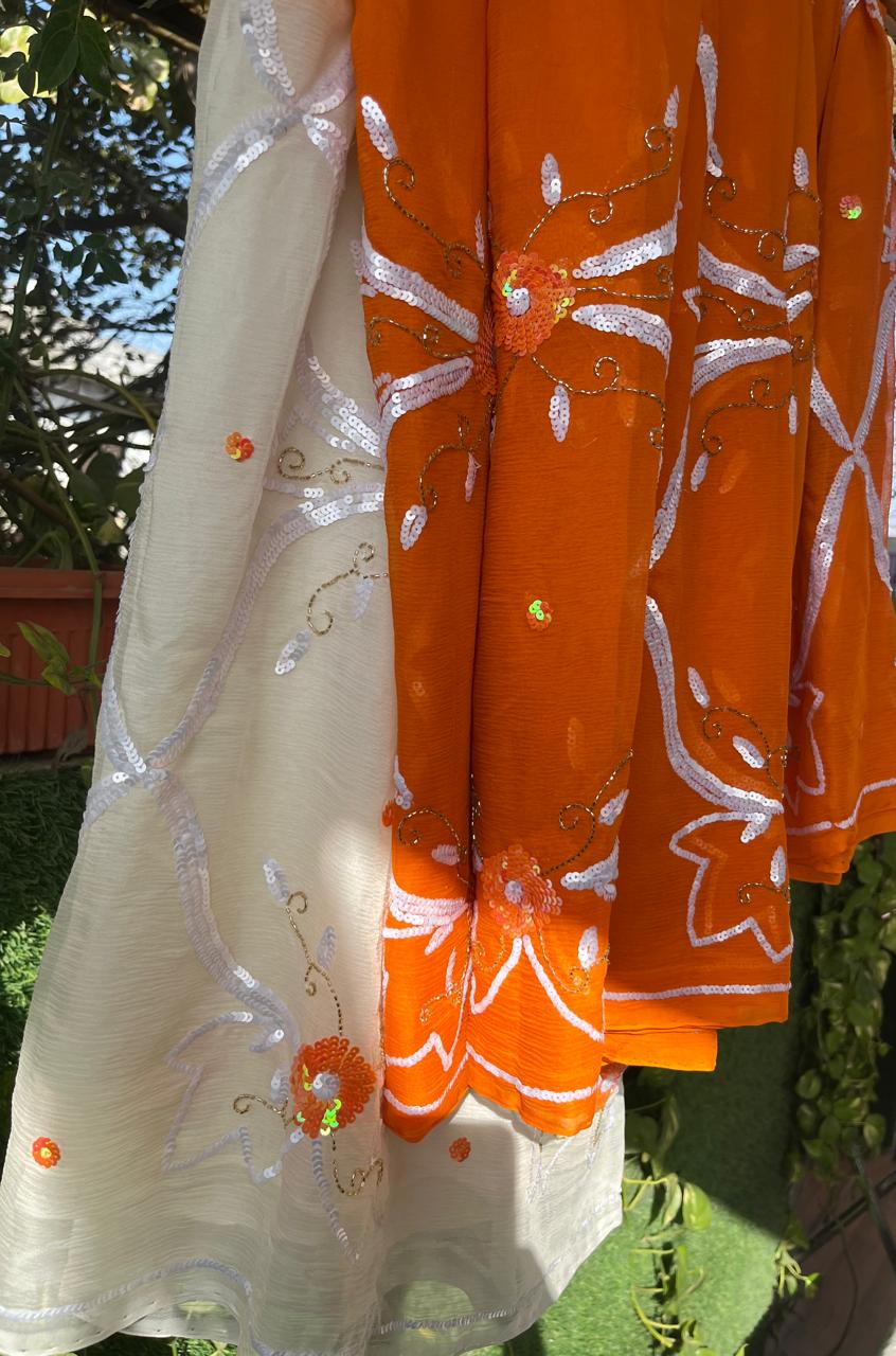 Ombre Orange Shaded Sequence Jaal Saree