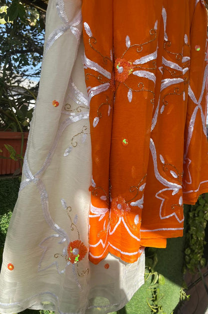 Ombre Orange Shaded Sequence Jaal Saree