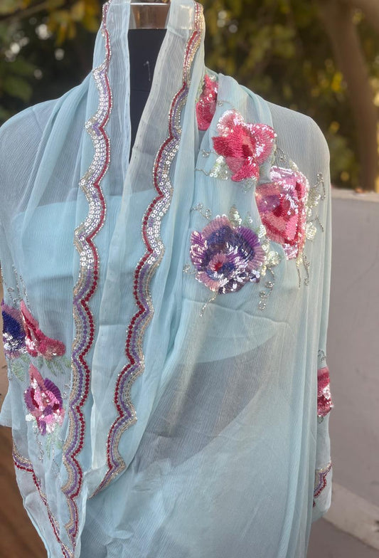 Aqua Blue Sequins Border Saree