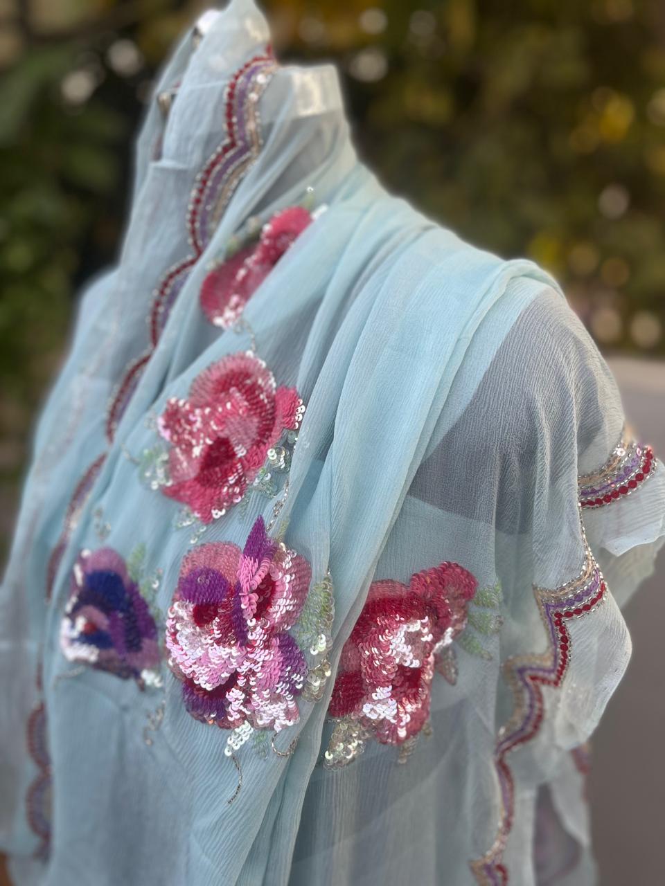 Aqua Blue Sequins Border Saree