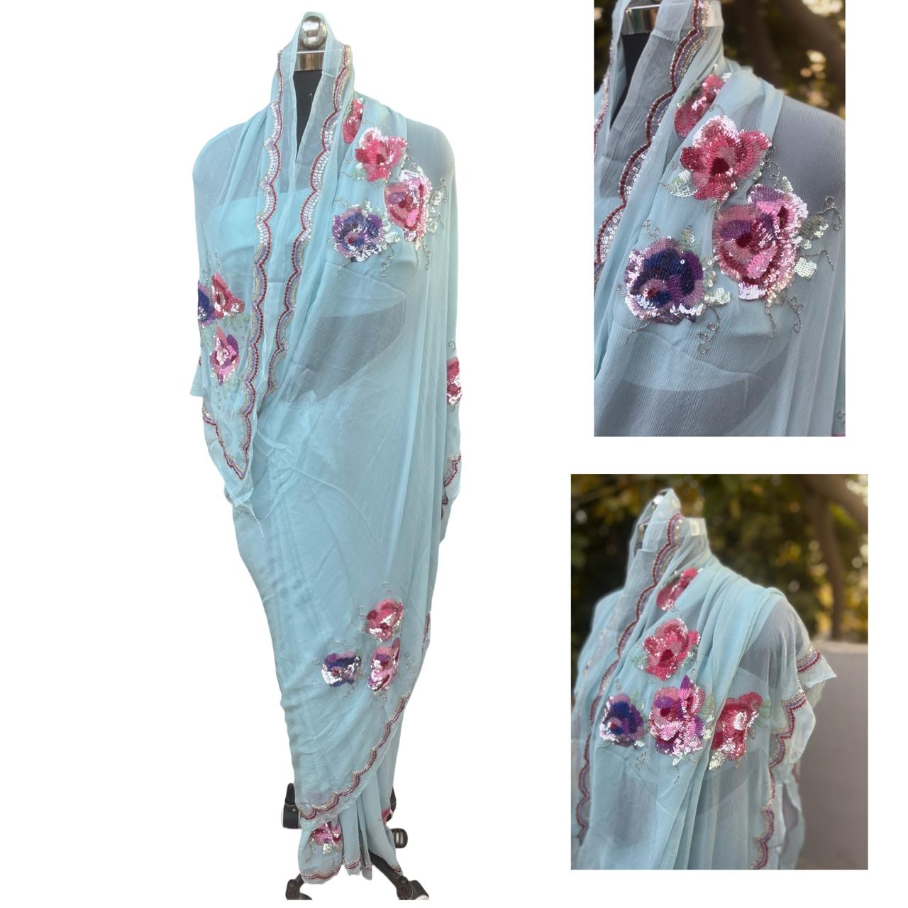 Aqua Blue Sequins Border Saree