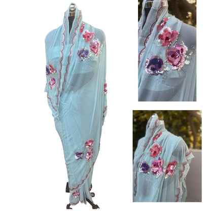 Aqua Blue Sequins Border Saree