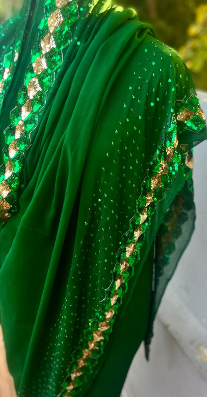 Bottle Green Sequins Border Saree