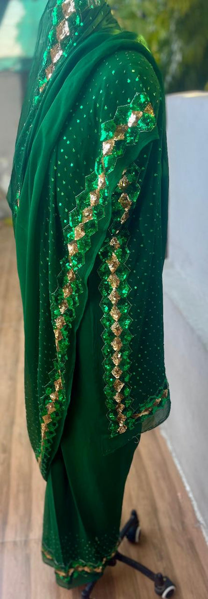 Bottle Green Sequins Border Saree