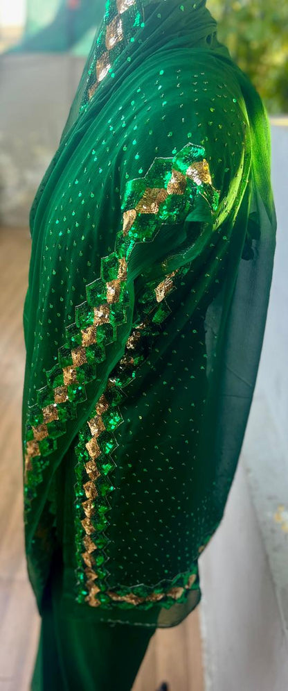 Bottle Green Sequins Border Saree