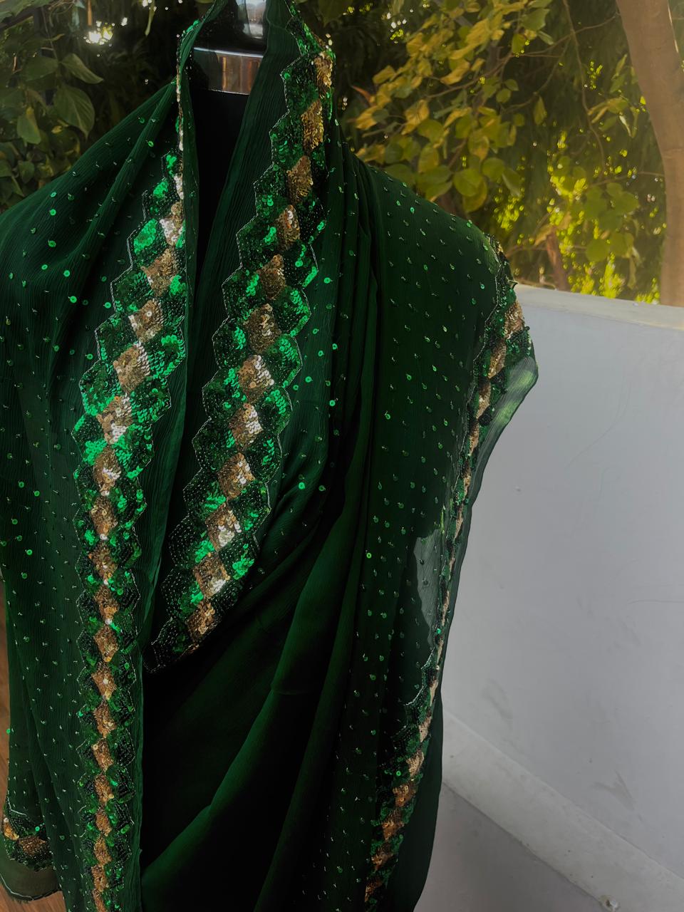Bottle Green Sequins Border Saree