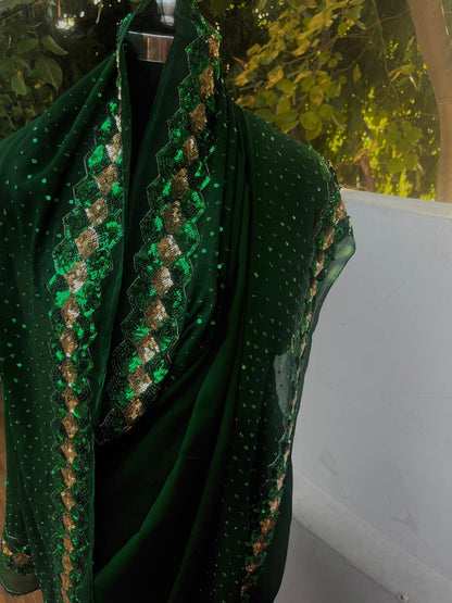 Bottle Green Sequins Border Saree