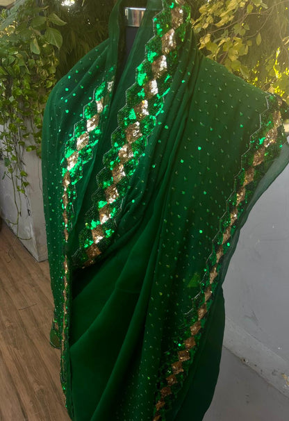 Bottle Green Sequins Border Saree