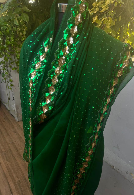 Bottle Green Sequins Border Saree