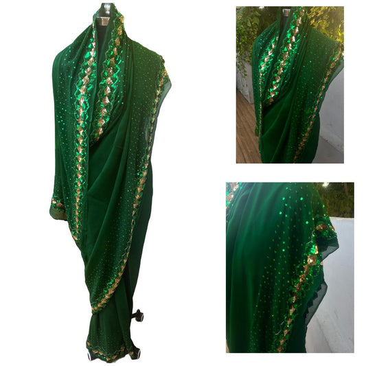 Bottle Green Sequins Border Saree