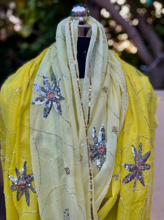 Ombre Yellow Shaded Cutdana Jaal Saree