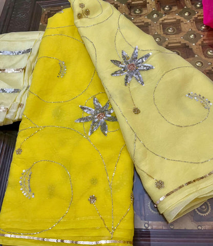 Ombre Yellow Shaded Cutdana Jaal Saree