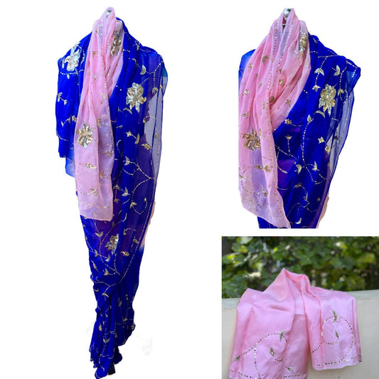 Ombre Pink Blue Sequins Jaal Saree