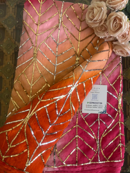 Ombre Orange Peach Golden Silver Sequins Jaal Saree