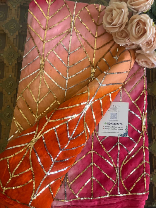 Ombre Orange Peach Golden Silver Sequins Jaal Saree