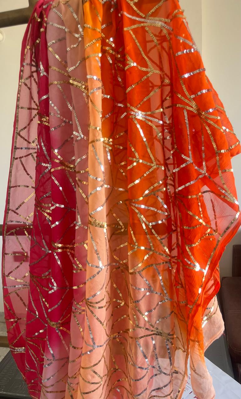 Ombre Orange Peach Golden Silver Sequins Jaal Saree