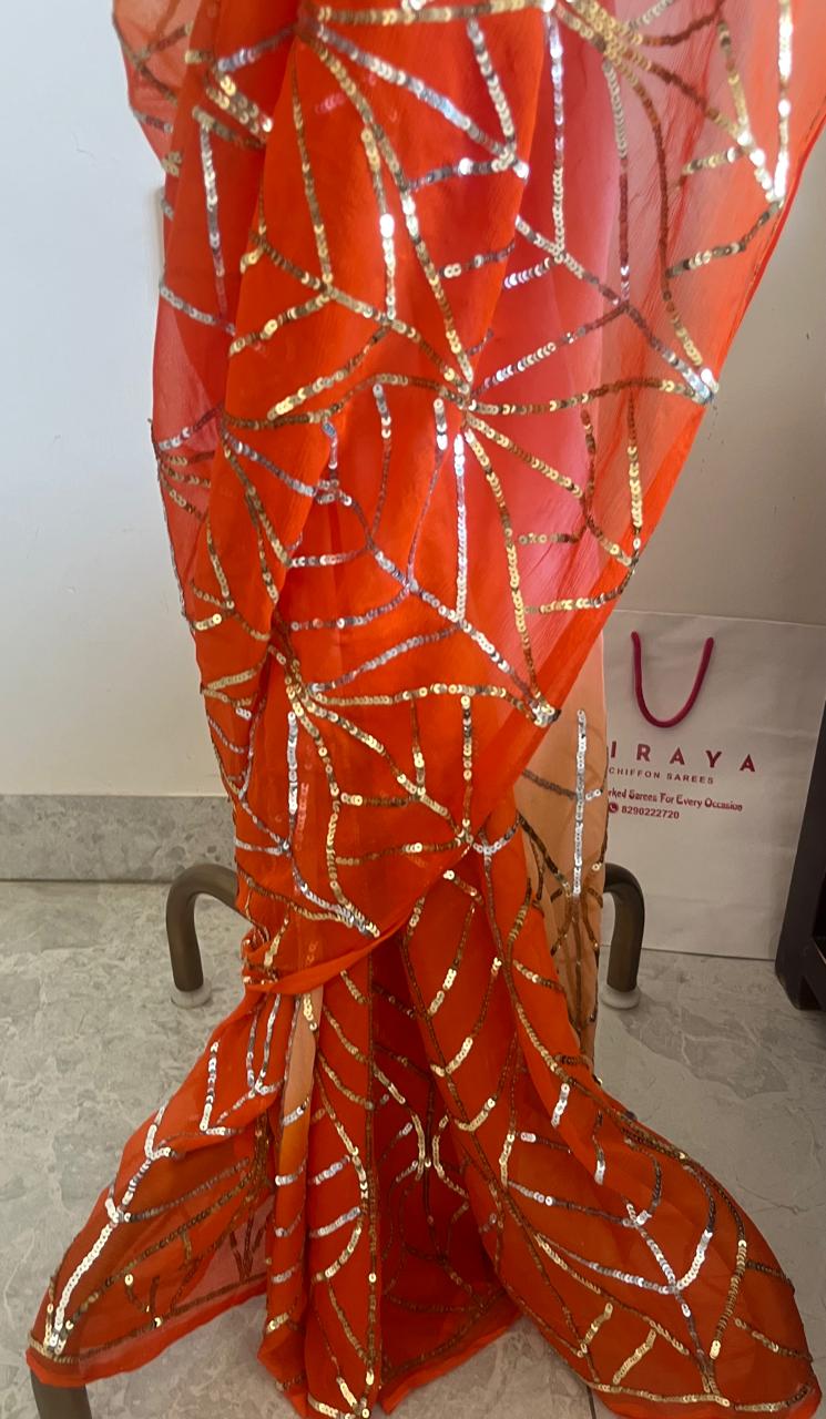 Ombre Orange Peach Golden Silver Sequins Jaal Saree