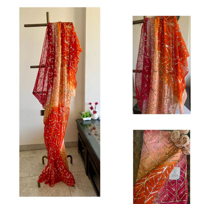 Ombre Orange Peach Golden Silver Sequins Jaal Saree