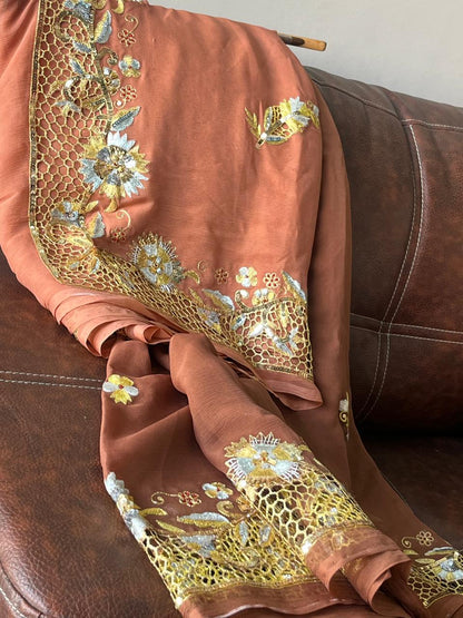 Ombre Brown Shaded Cutwork Border Saree