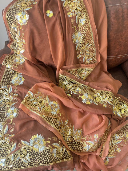 Ombre Brown Shaded Cutwork Border Saree