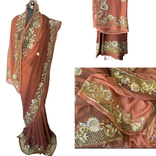 Ombre Brown Shaded Cutwork Border Saree