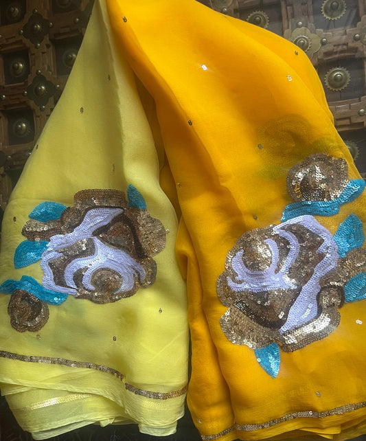 Ombre Yellow Shaded Sequins Buta Saree