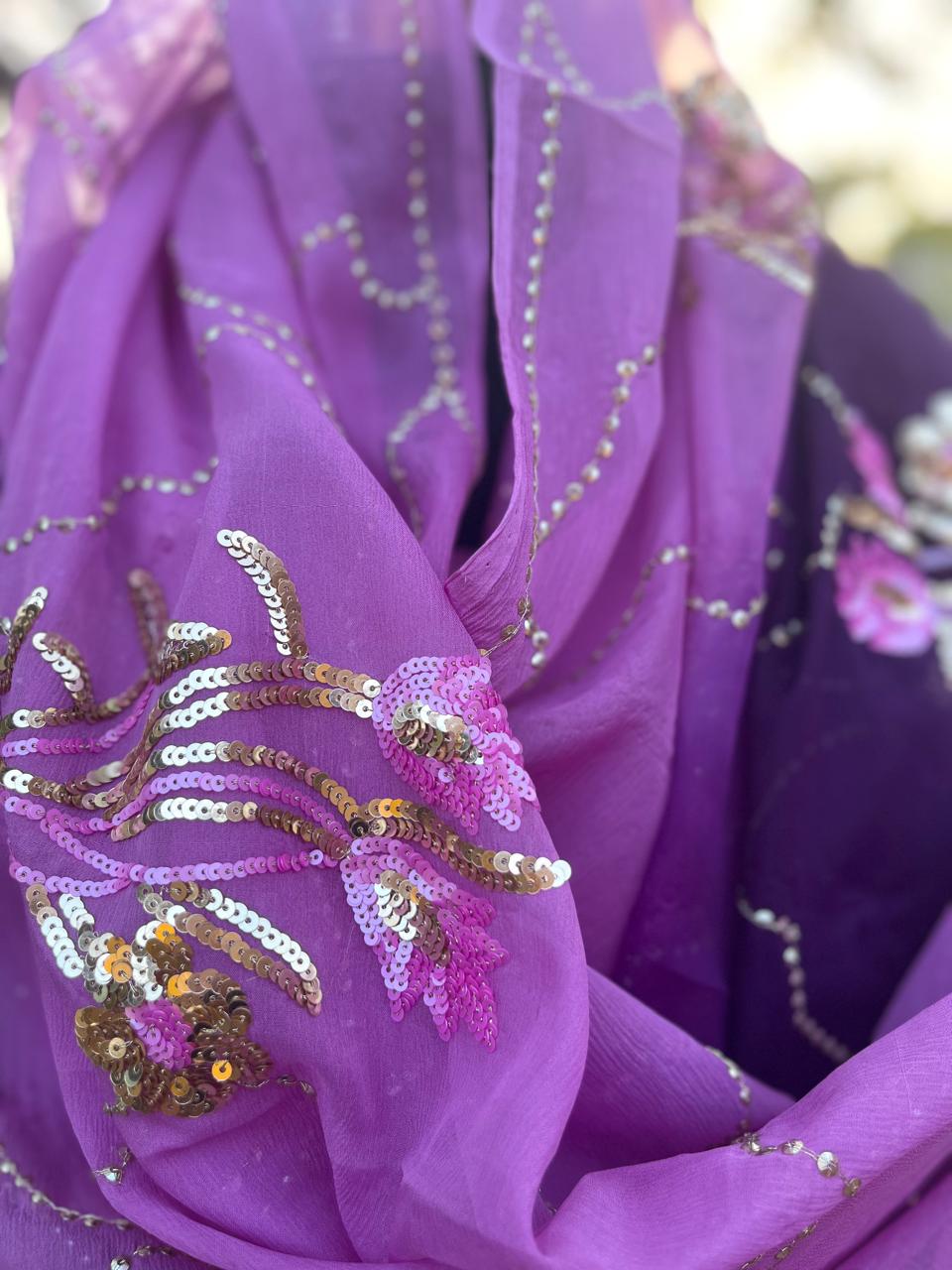 Ombre Purple Shaded Sequins Jaal Saree