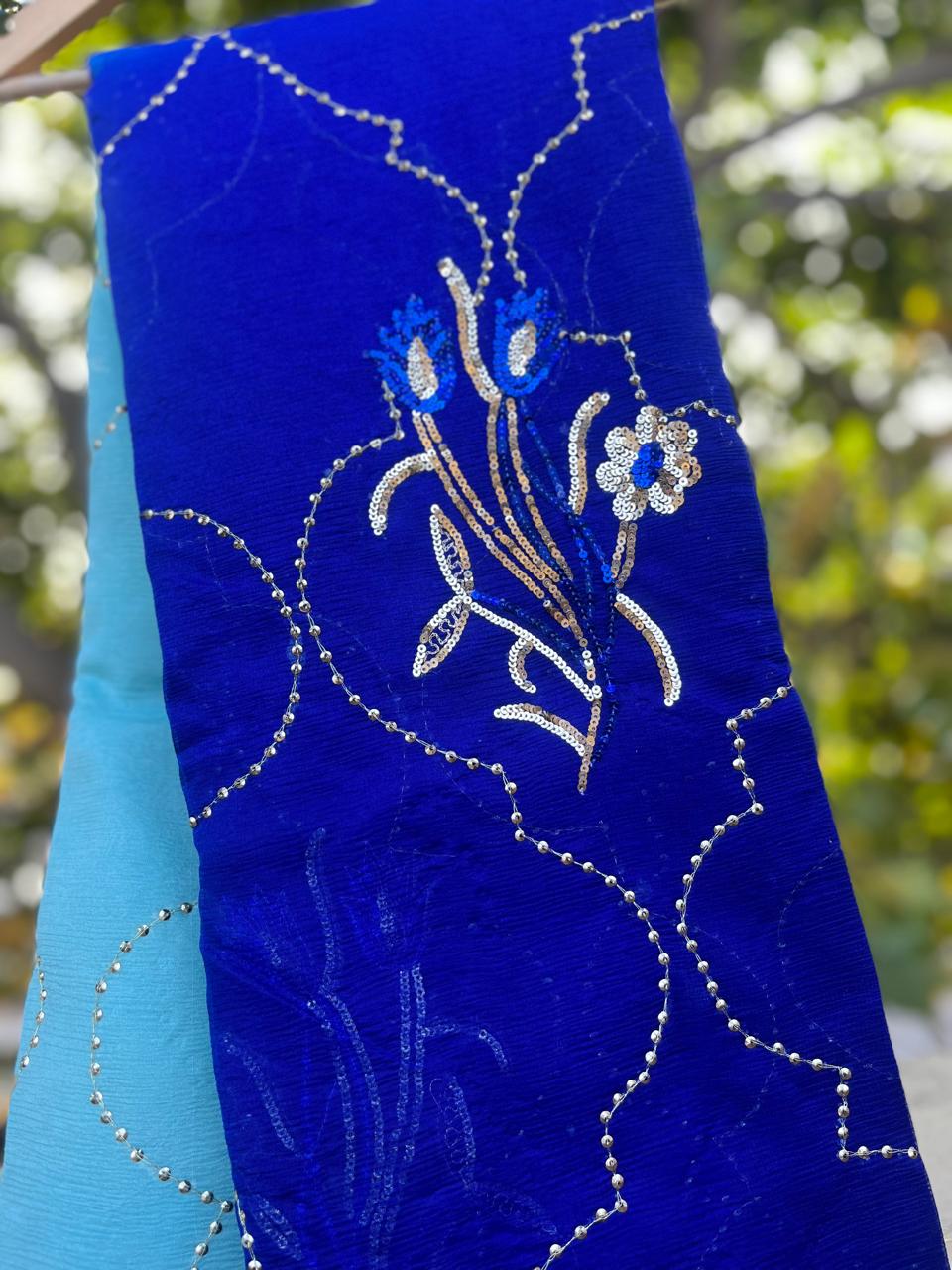 Ombre Blue Shaded Sequins Jaal Saree