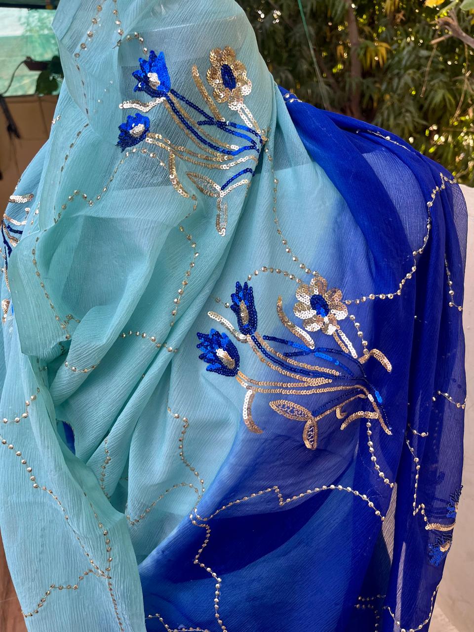 Ombre Blue Shaded Sequins Jaal Saree