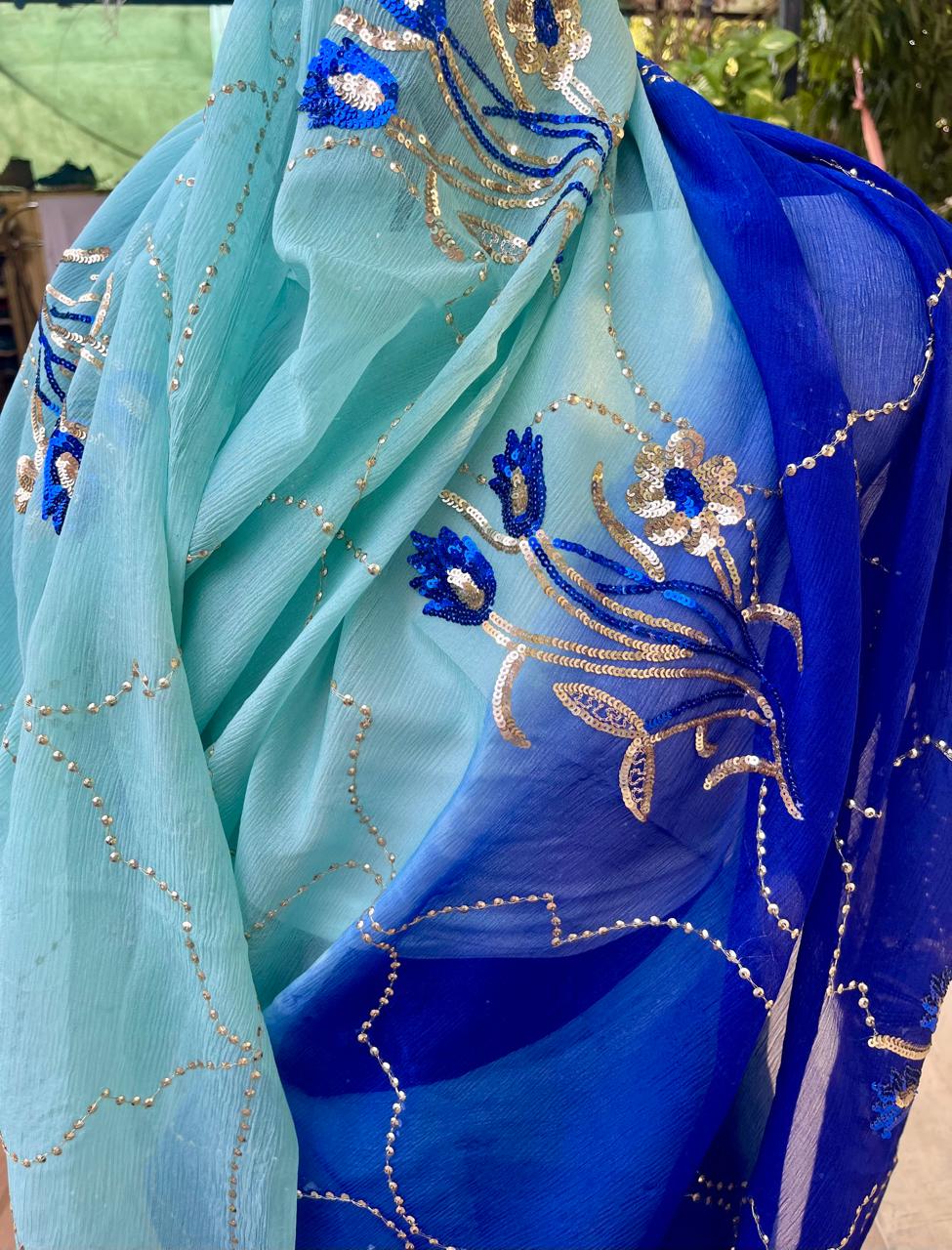 Ombre Blue Shaded Sequins Jaal Saree