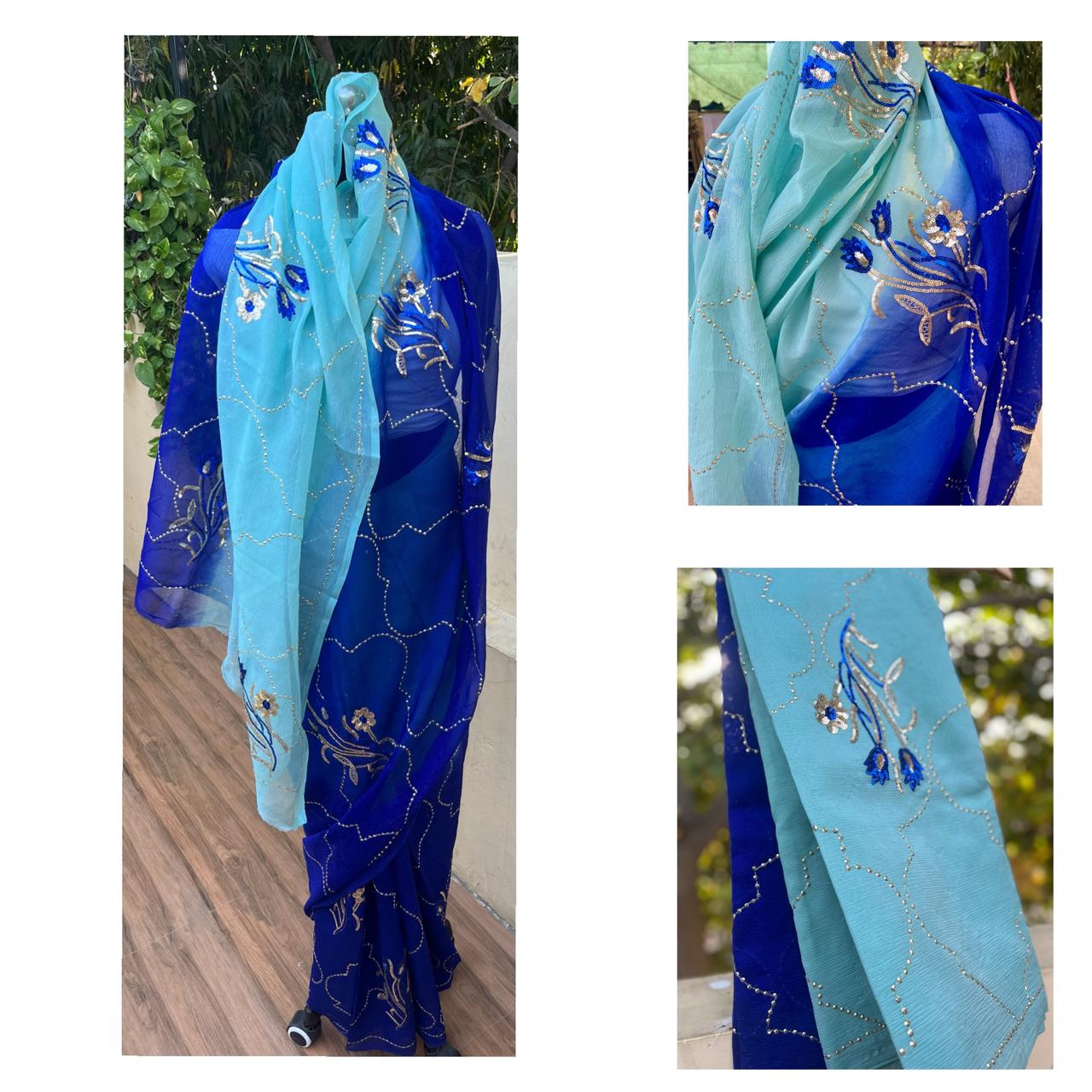 Ombre Blue Shaded Sequins Jaal Saree