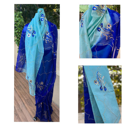 Ombre Blue Shaded Sequins Jaal Saree
