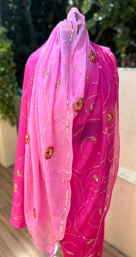 Ombre Pink Shaded Sequins Jaal Saree
