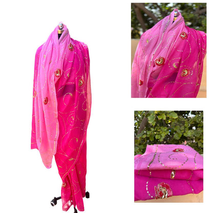 Ombre Pink Shaded Sequins Jaal Saree