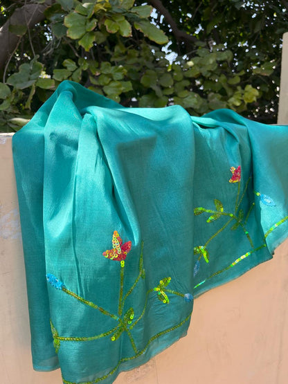 Turquoise Green Sequins Jaal Saree