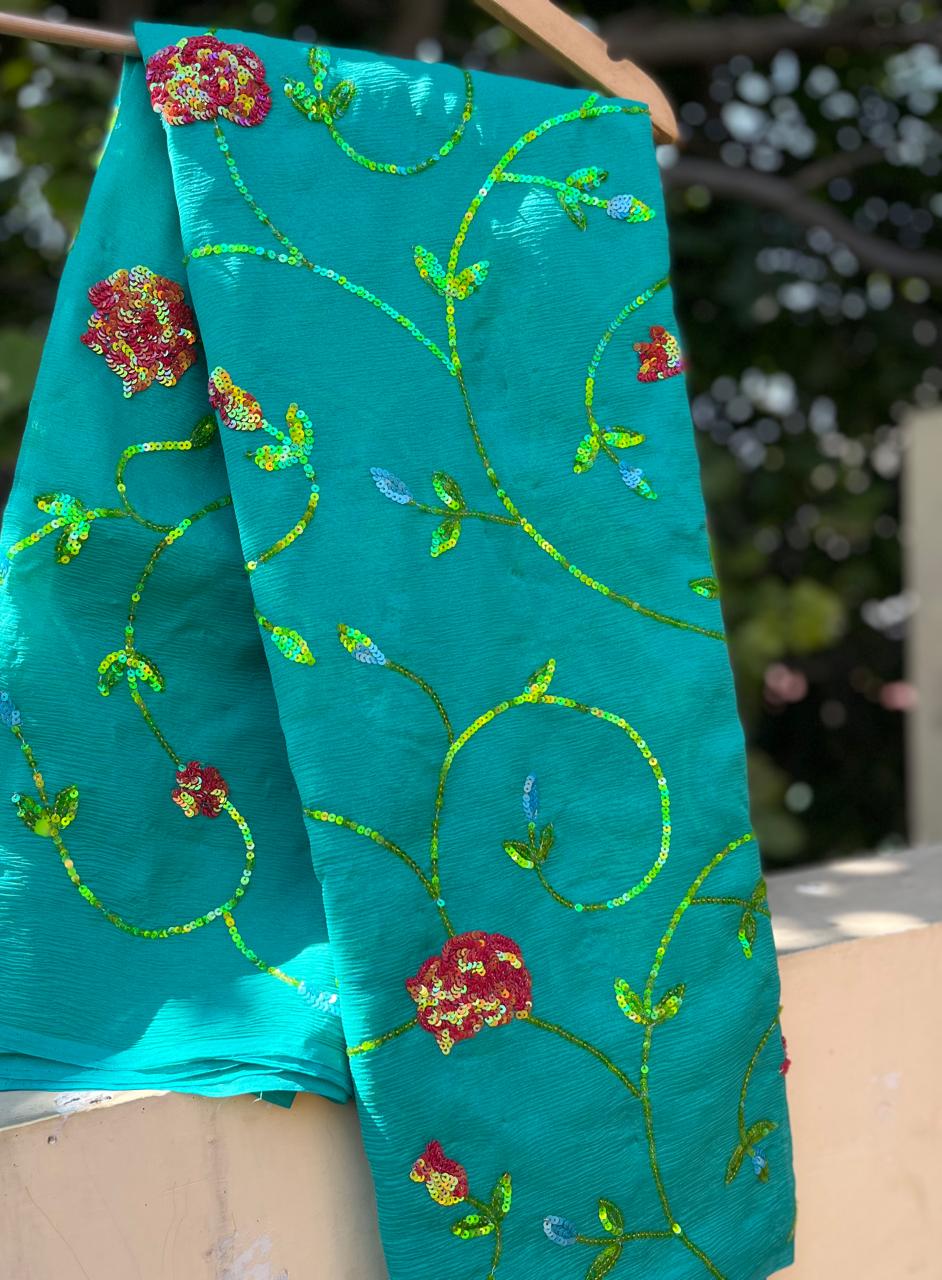 Turquoise Green Sequins Jaal Saree
