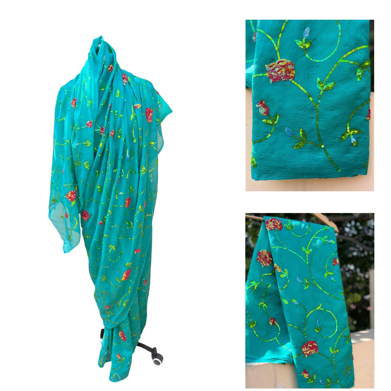 Turquoise Green Sequins Jaal Saree