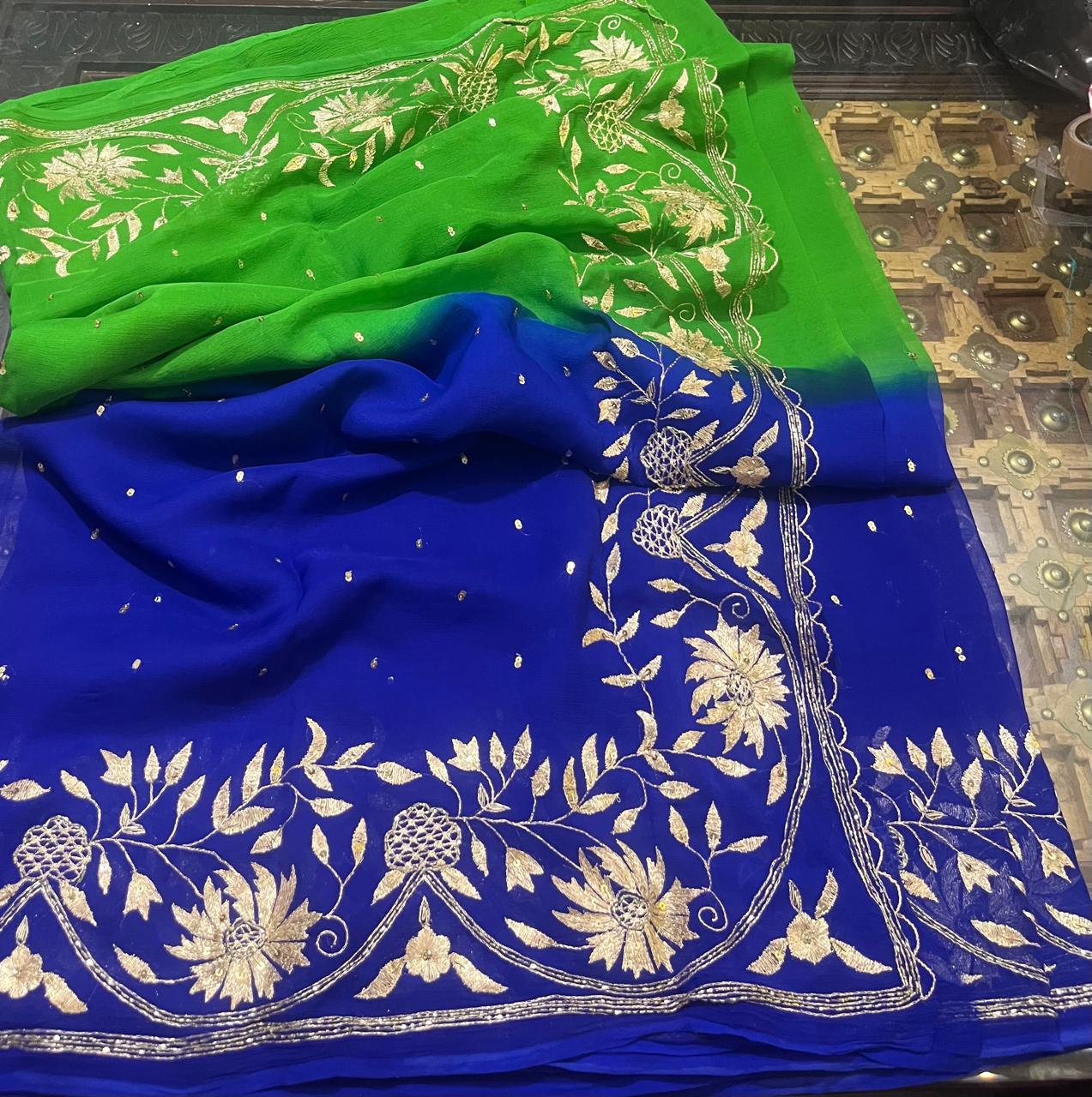 Ombre Blue Green Shaded Zari Jaal Saree